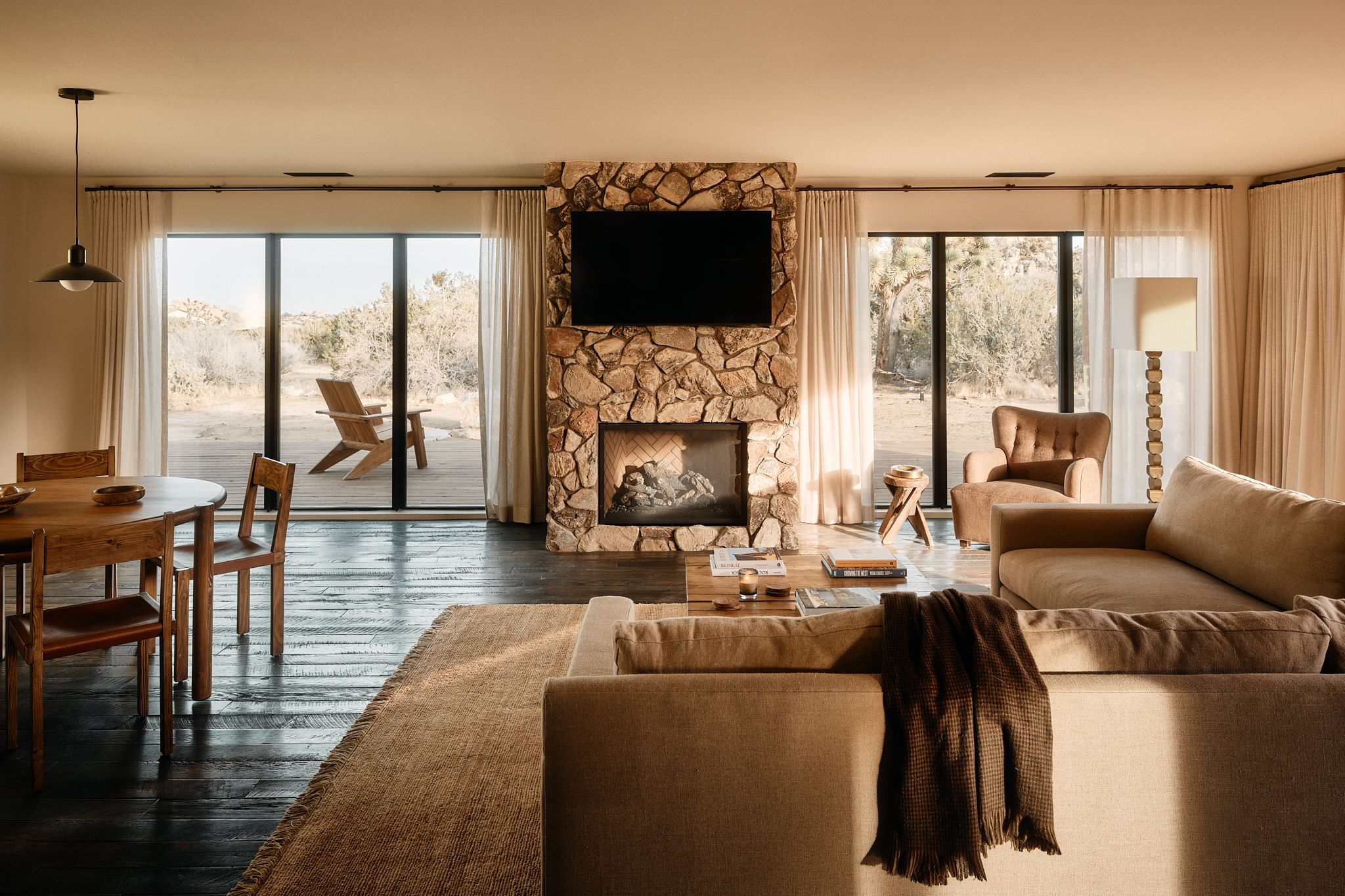The main room, stone fireplace